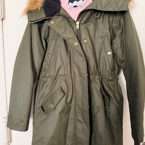 J Crew Olive Green perfect winter Parka with Faux Fur Trim
